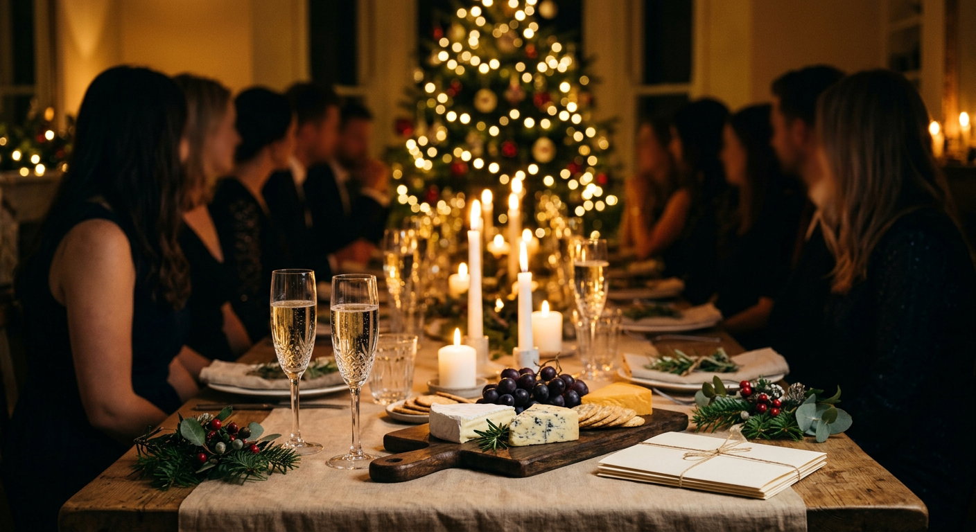 A candlelit grown-up Christmas dinner table in the foreground with champagne flutes, a cheeseboard and plain blank cards, and a blurred group of guests laughing around it with a glowing Christmas tree behind.