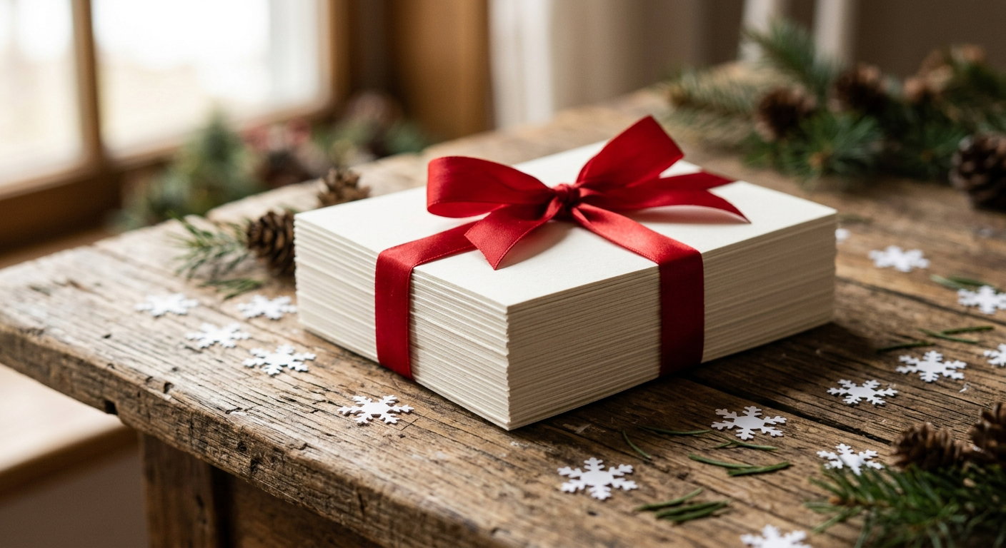 A neat stack of blank ivory category cards tied with a red satin ribbon on a rustic wooden table scattered with paper snowflakes and pine sprigs, ready to print and play a Christmas party game.