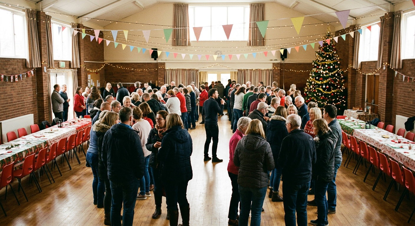 A crowded community hall decorated with bunting, fairy lights and a large Christmas tree, with rows of tables and red chairs pushed to the sides and groups of people gathered in the open space between for a large-group party game.
