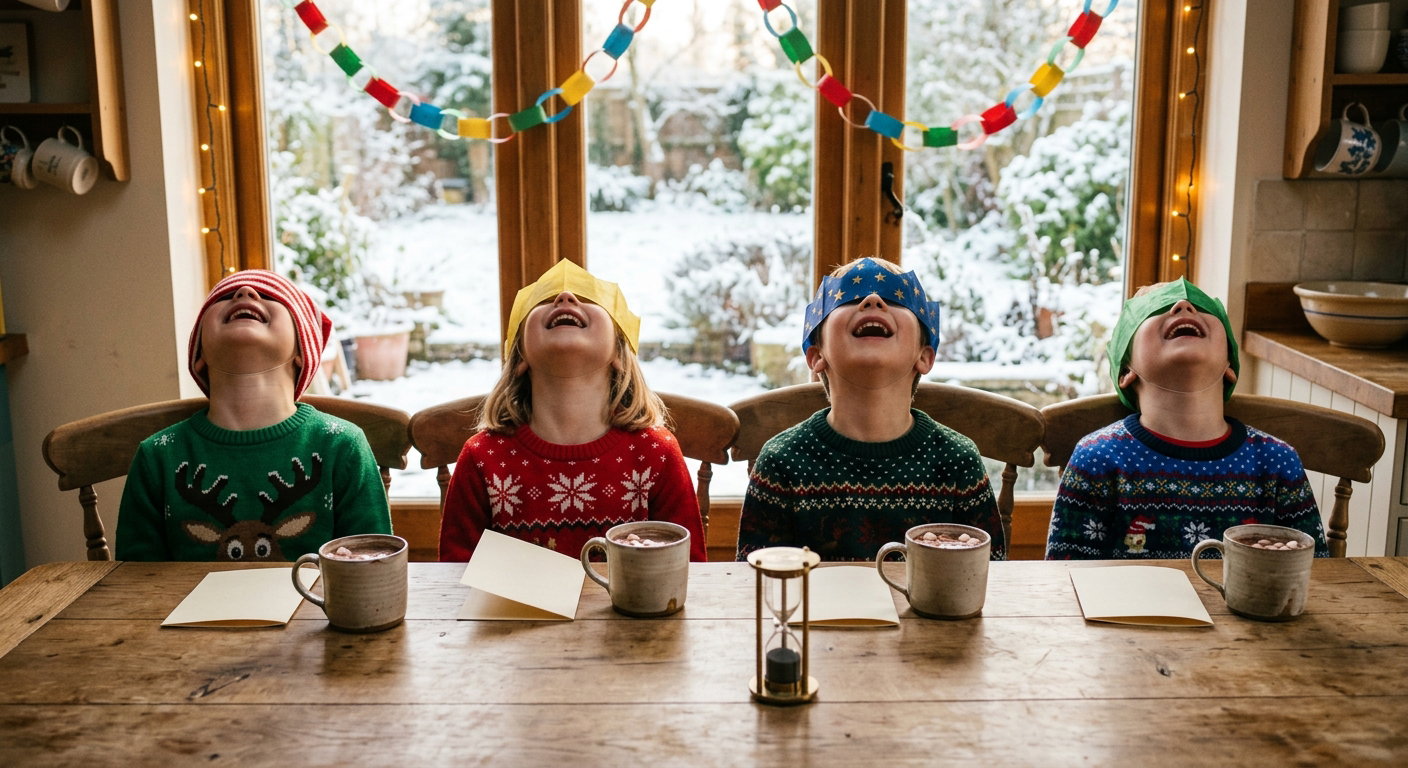 Four children seen from behind sitting at a kitchen table in paper party hats, laughing, with mugs of hot chocolate, blank cards and a brass sand timer laid out in front of them beside a bright snowy window.