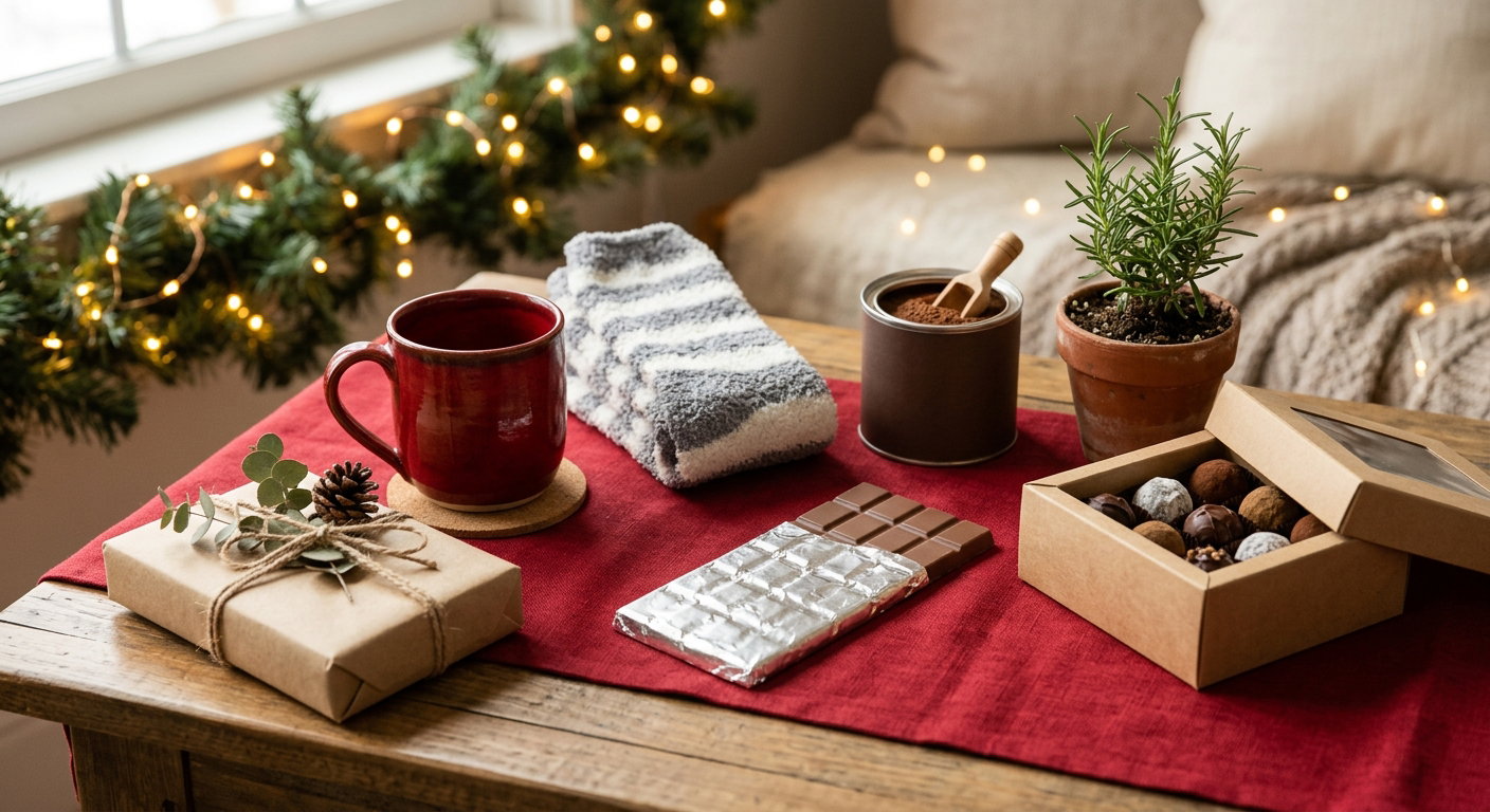 A festive side table holding party prizes: a small kraft-paper parcel tied with twine, a red mug, a plain chocolate bar, folded fuzzy socks, a tin of cocoa, a potted rosemary plant and a box of chocolates, arranged on a red runner with fairy lights behind.