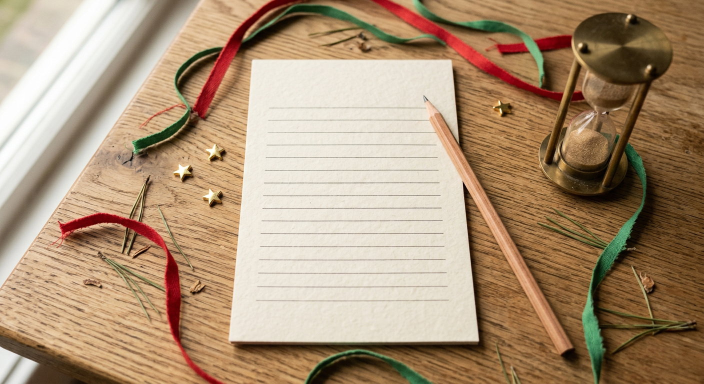 A blank lined tally sheet on cream paper with a wooden pencil, a brass sand timer, red and green ribbons and small gold stars arranged on a warm oak table, ready for scoring a Christmas party game.