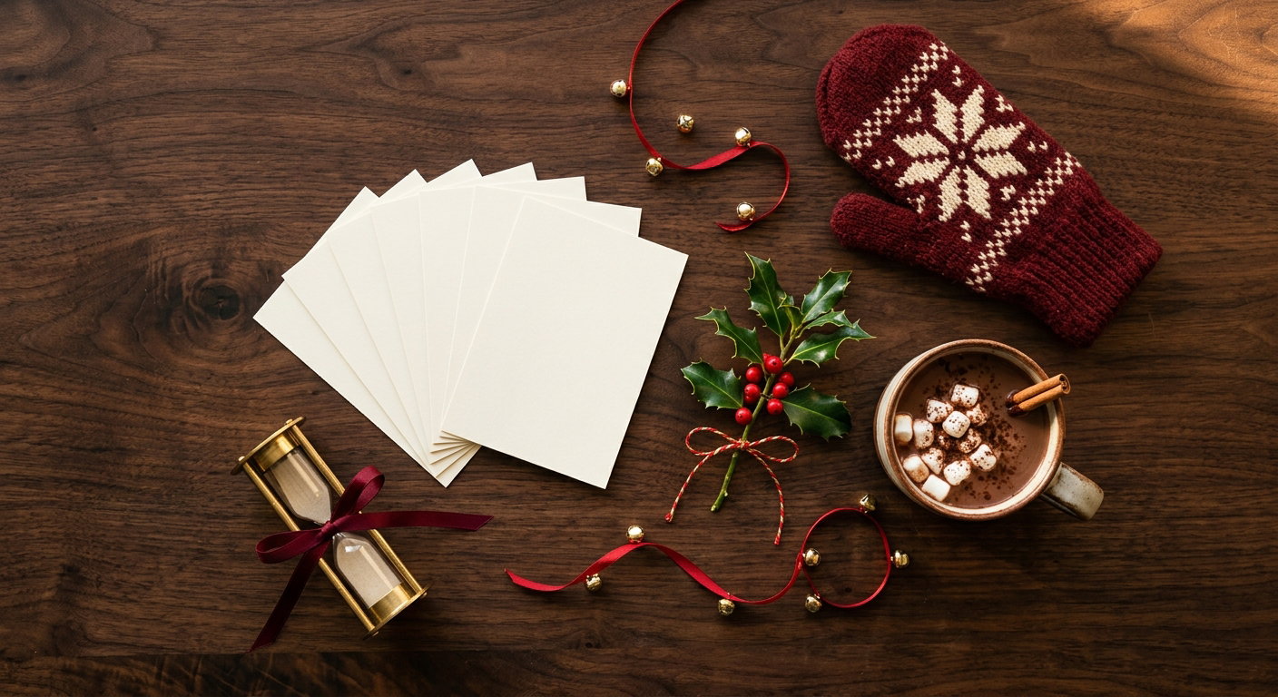Overhead view of a Christmas party game laid out on a dark walnut table: a stack of blank category cards, a brass sand timer, gold jingle bells on a red ribbon, holly with berries, a knitted red mitten and a mug of hot chocolate with marshmallows.