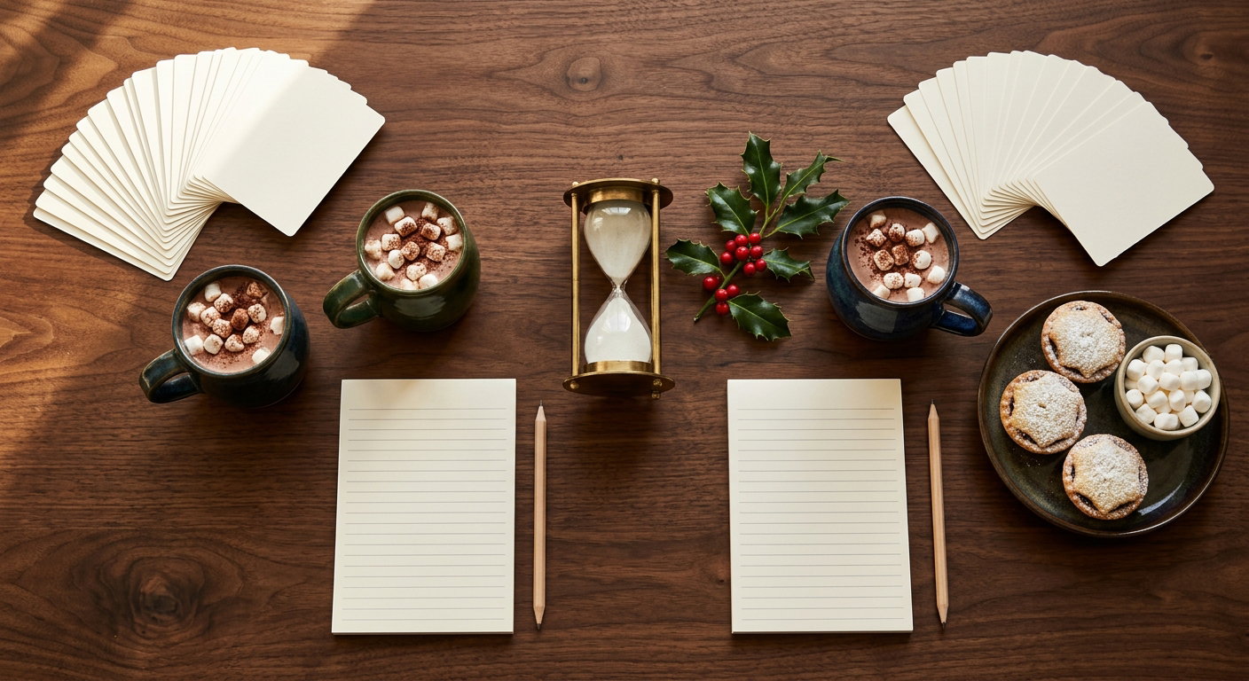 Overhead view of a coffee table laid out for a two-team Christmas guessing game, with two fan-stacks of blank cards, two score pads and pencils, a brass sand timer, mugs of hot chocolate and a plate of mince pies.