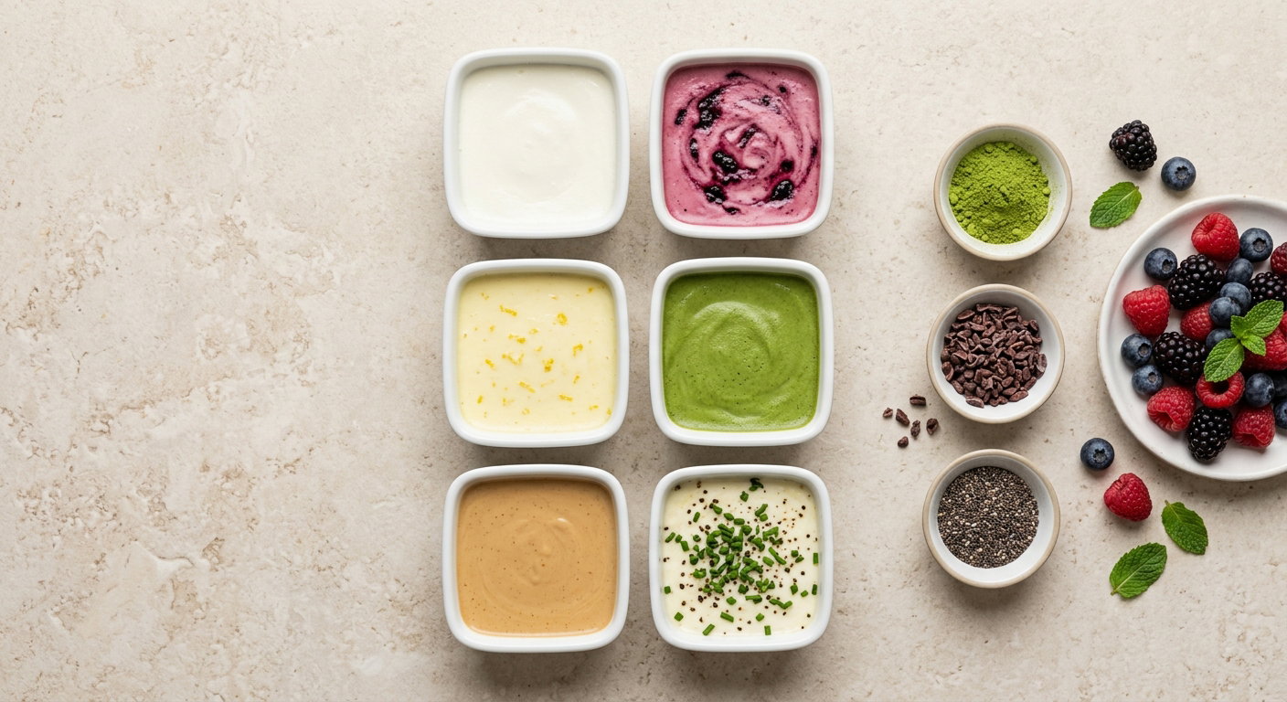 Overhead flat-lay of six square ramekins of baked yogurt in different flavours with small bowls of matcha powder, cocoa nibs, chia seeds and fresh berries arranged around them