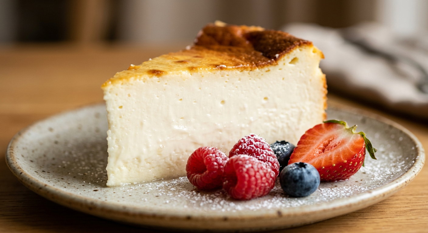 Close-up of a thick slice of baked yogurt on a speckled stoneware plate showing a dense smooth creamy cut face, with fresh raspberries, blueberries and a strawberry half beside it