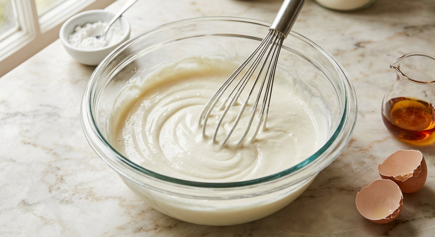 A clear glass bowl of thick smooth white yogurt batter on a pale marble countertop with a balloon whisk, a small pinch bowl of cornstarch, cracked eggshells and a glass jug of golden syrup