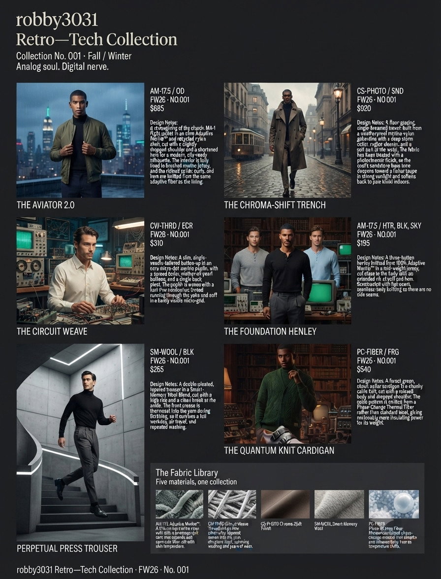 Retro-Tech Collection No. 001 lookbook board by robby3031 &mdash; six garment photographs, fabric swatches and the campaign type lockup