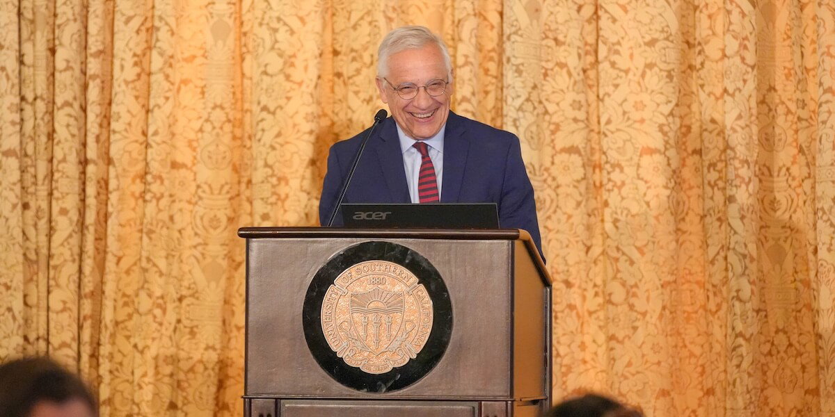 Dean Yortsos addressing the school
