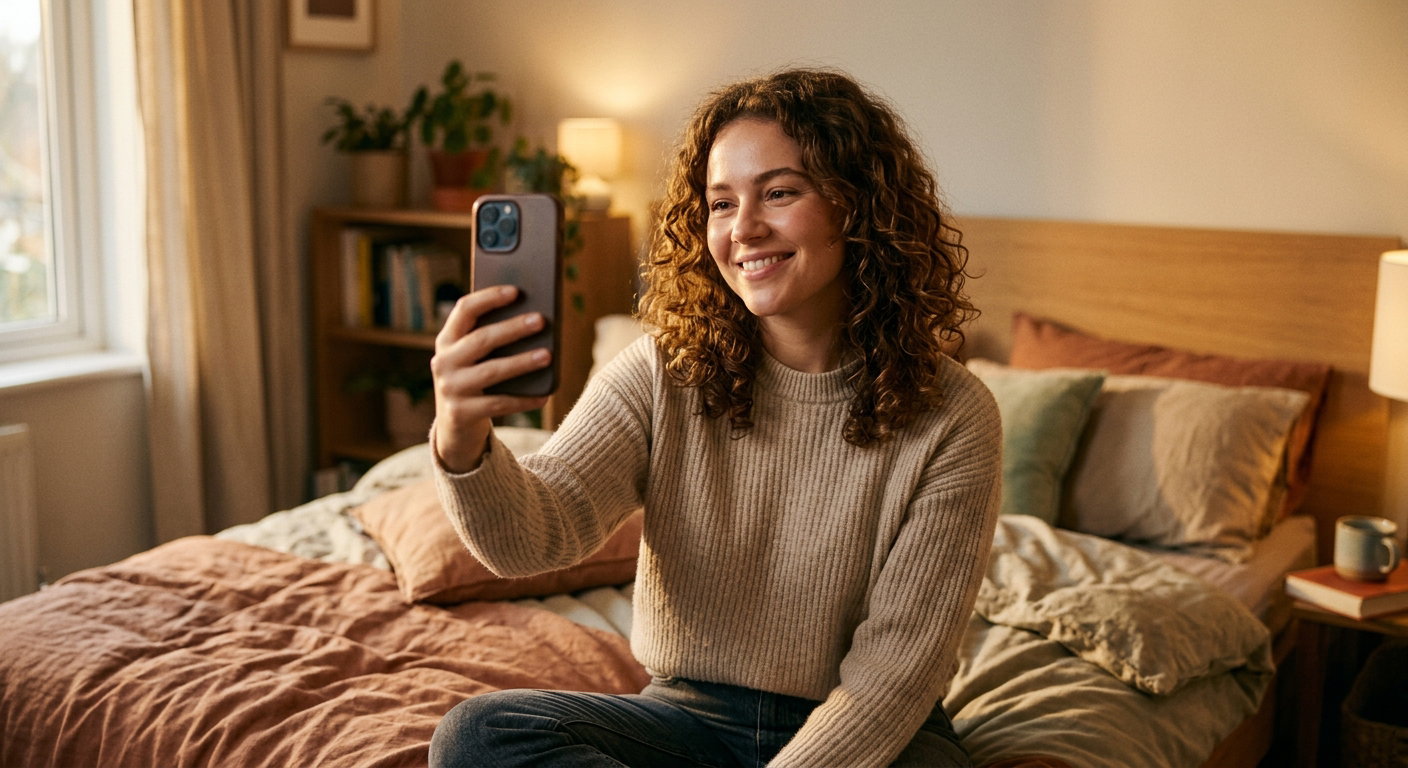 Confident woman taking a flattering selfie for her casual dating profile in warm golden light