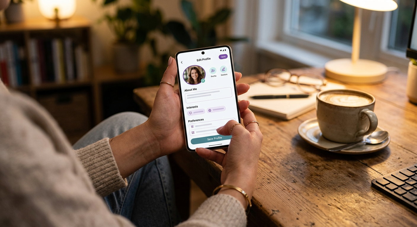 Hands editing a dating app profile on a smartphone with a coffee nearby