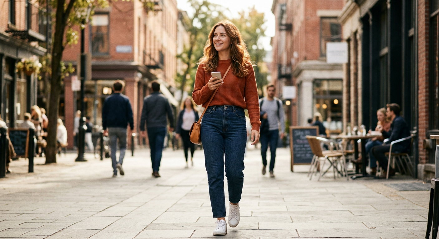 Confident young woman walking safely on a sunny city street during the day