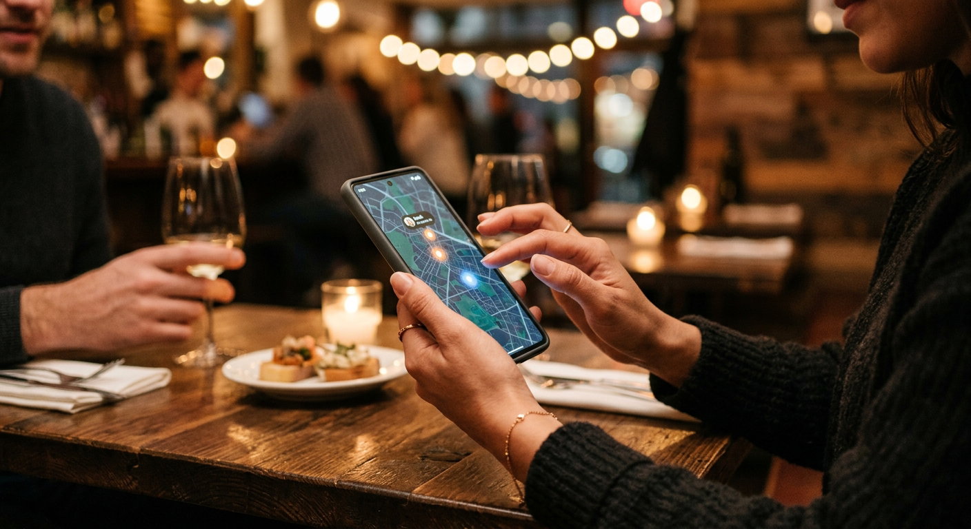 Woman's hand holding a smartphone showing a location-sharing map app