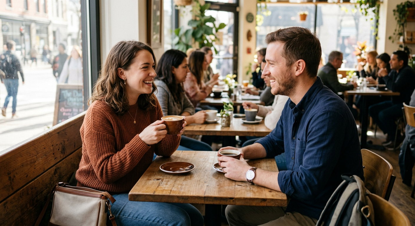 Young woman meeting a friendly man for coffee in a busy public cafe