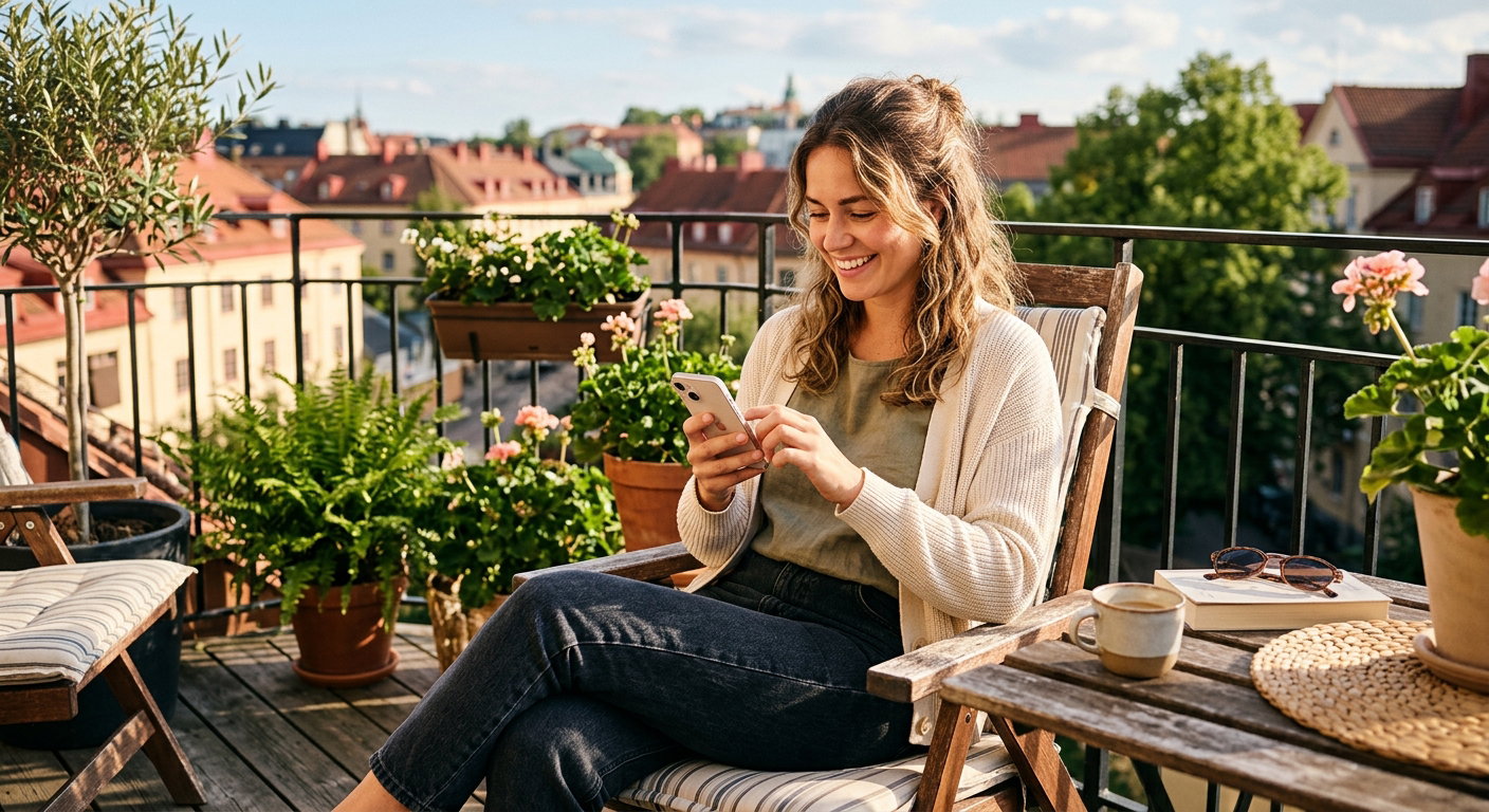 Relaxed young woman smiling while texting on her phone on a sunny balcony