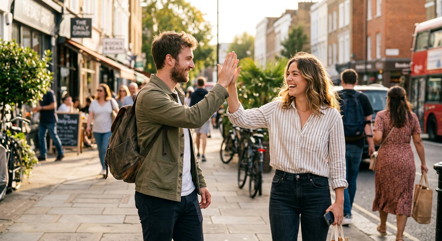 Young man and woman sharing a friendly casual high-five goodbye on a sunny street
