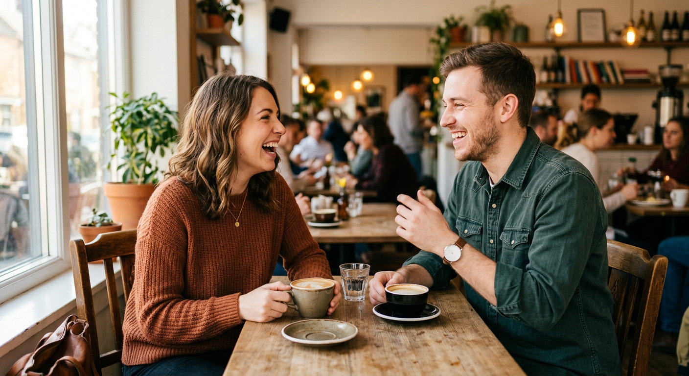 Relaxed young man and woman laughing together over coffee at a bright cafe